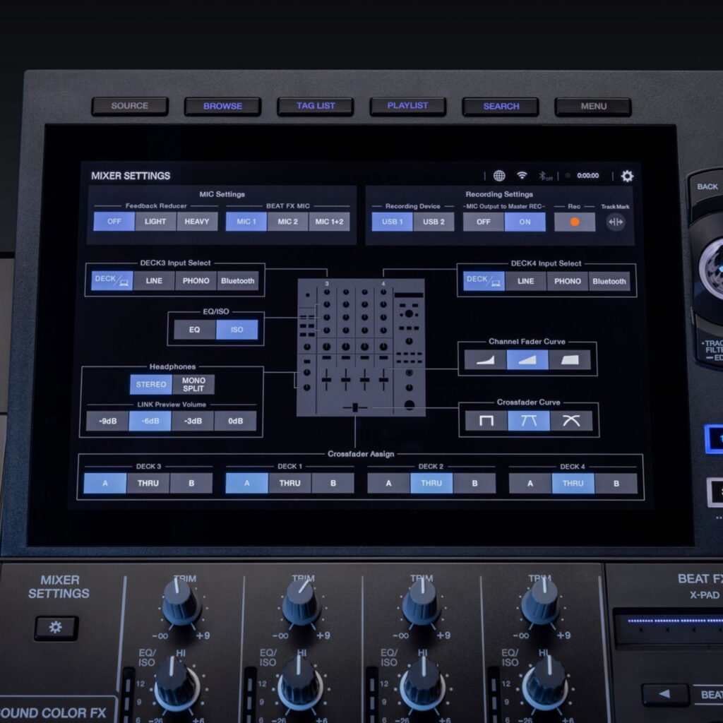 AlphaTheta standalone DJ-kontroller XDJ-AZ mikseri sätted lähedalt