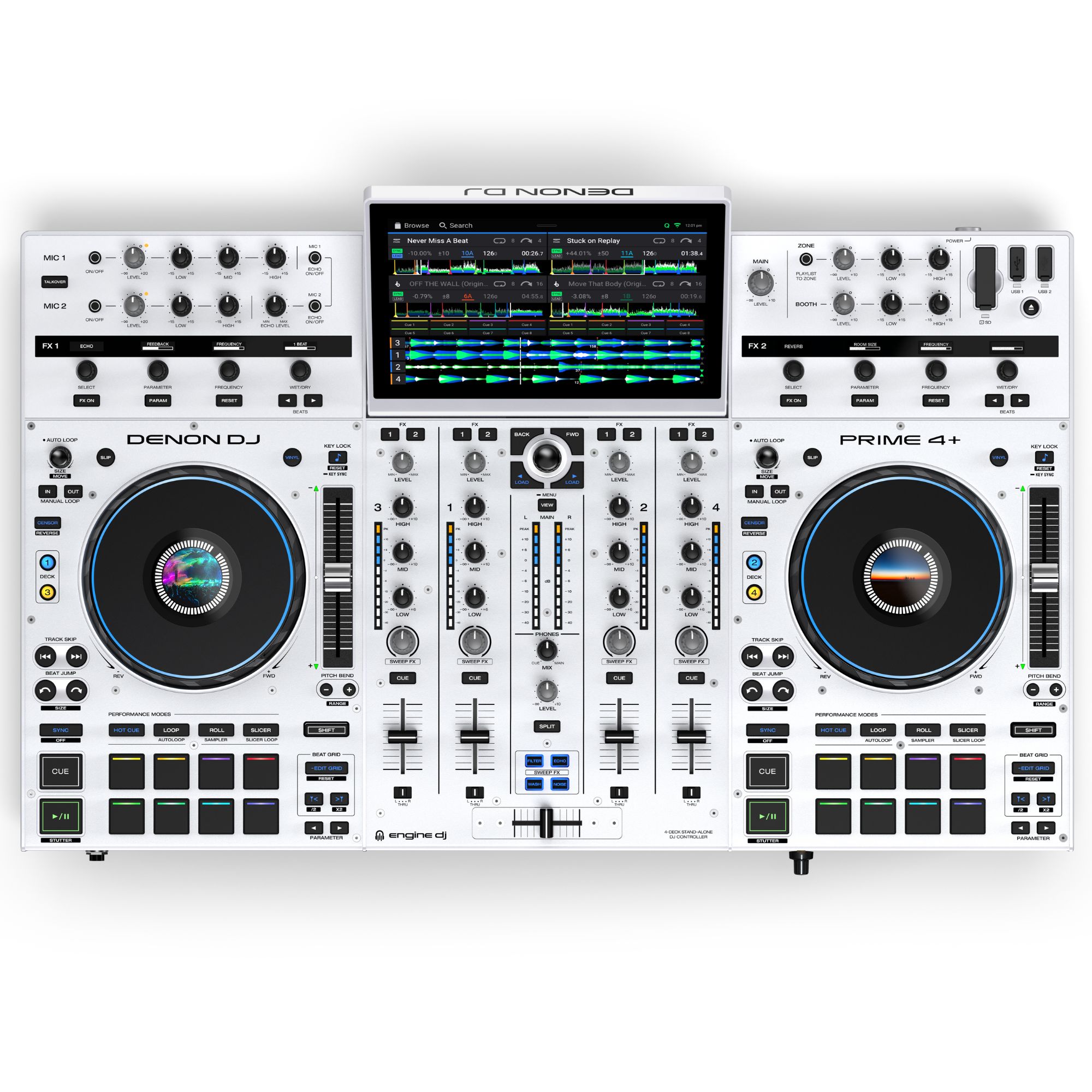 Denon DJ standalone DJ-kontroller PRIME4+W, valge pealtvaates
