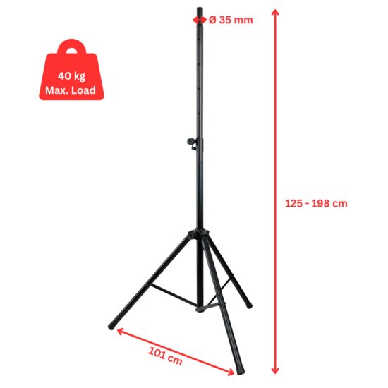 Showgear kõlaristatiiv Pro koos mõõtude ja kandevõimega